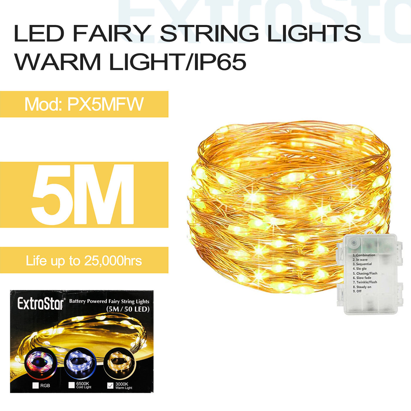 ExtraStar 50 LED Fairy String Lights, Warm Colour, IP65, 5M, Model: PX5MFW
