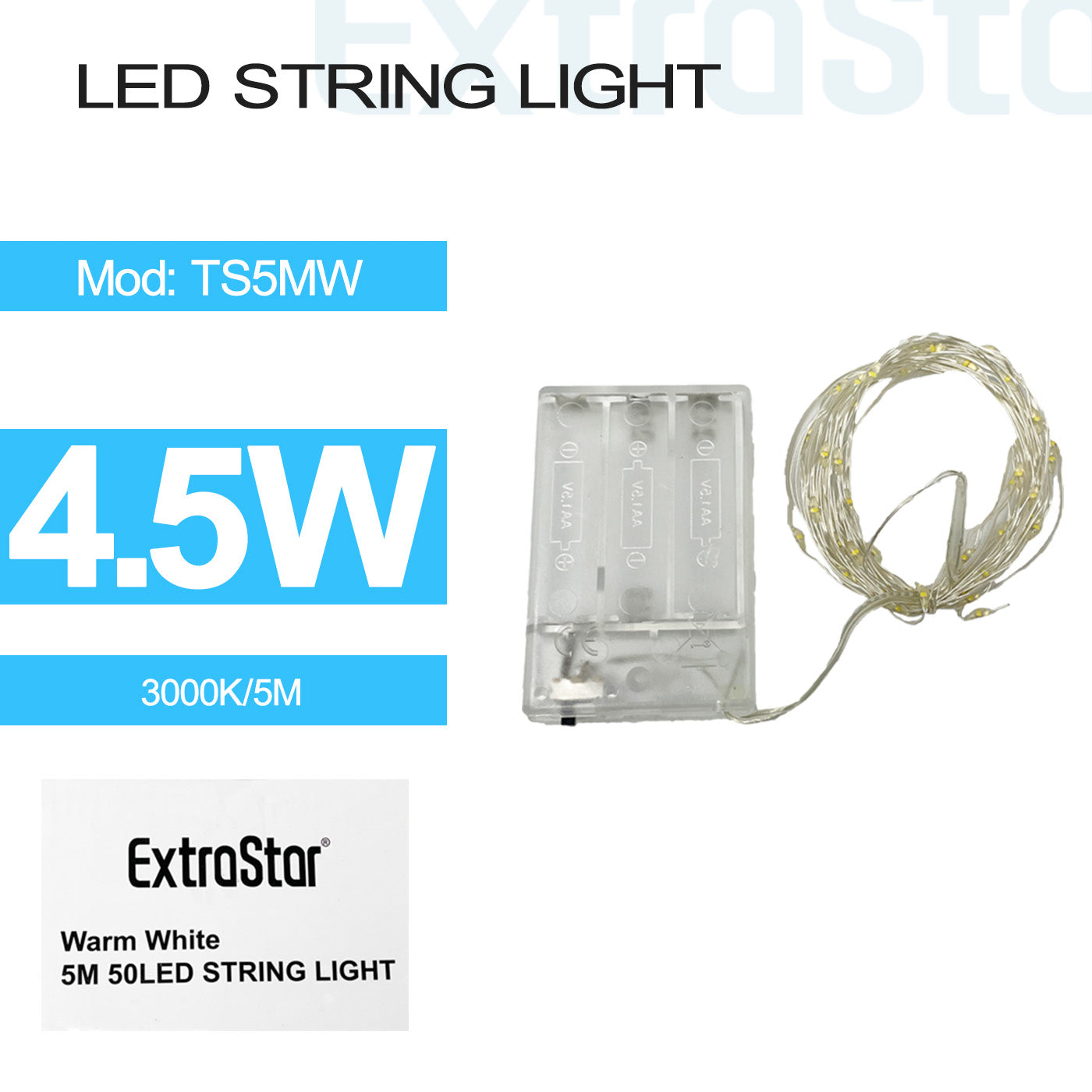 ExtraStar 4.5W 50s LED 5M String Light, Battery, 3000K, Model: ATS5MW