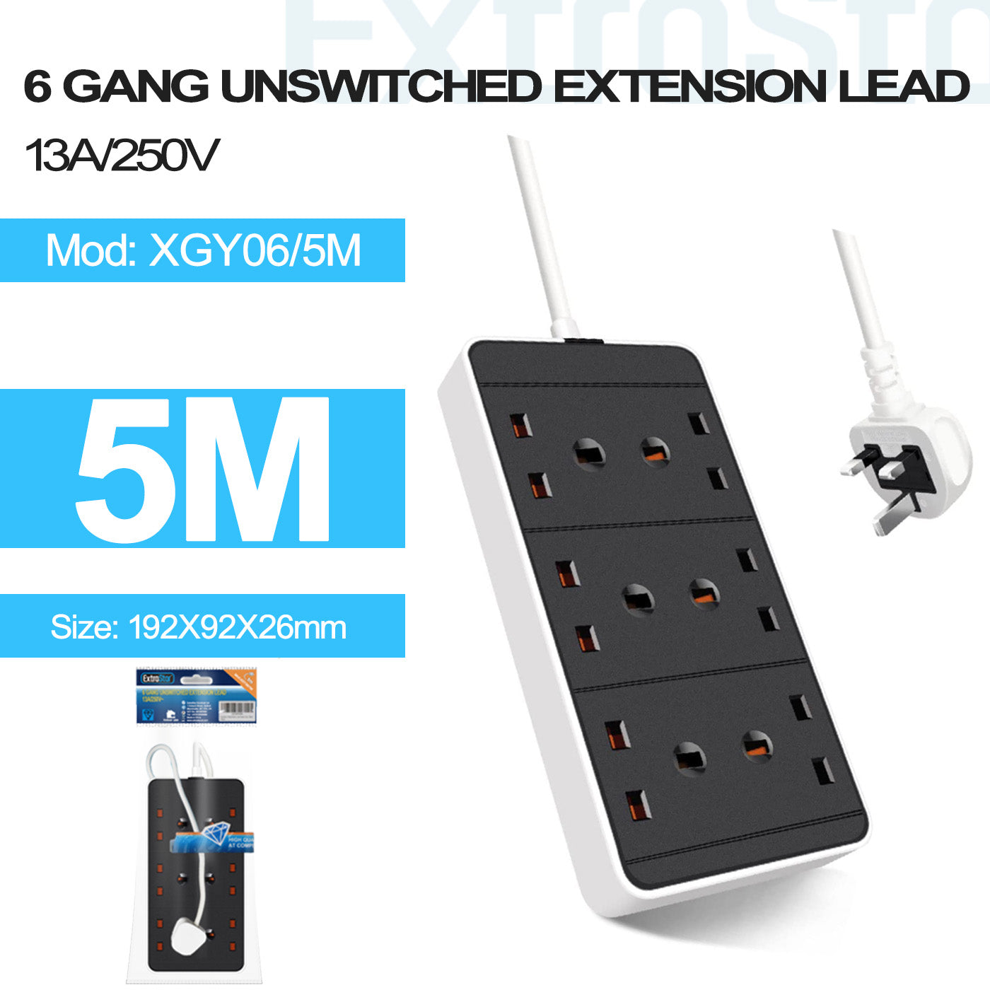 ExtraStar 6 Gang Unswitched Extension Lead 5m, Model: XGY06/5M