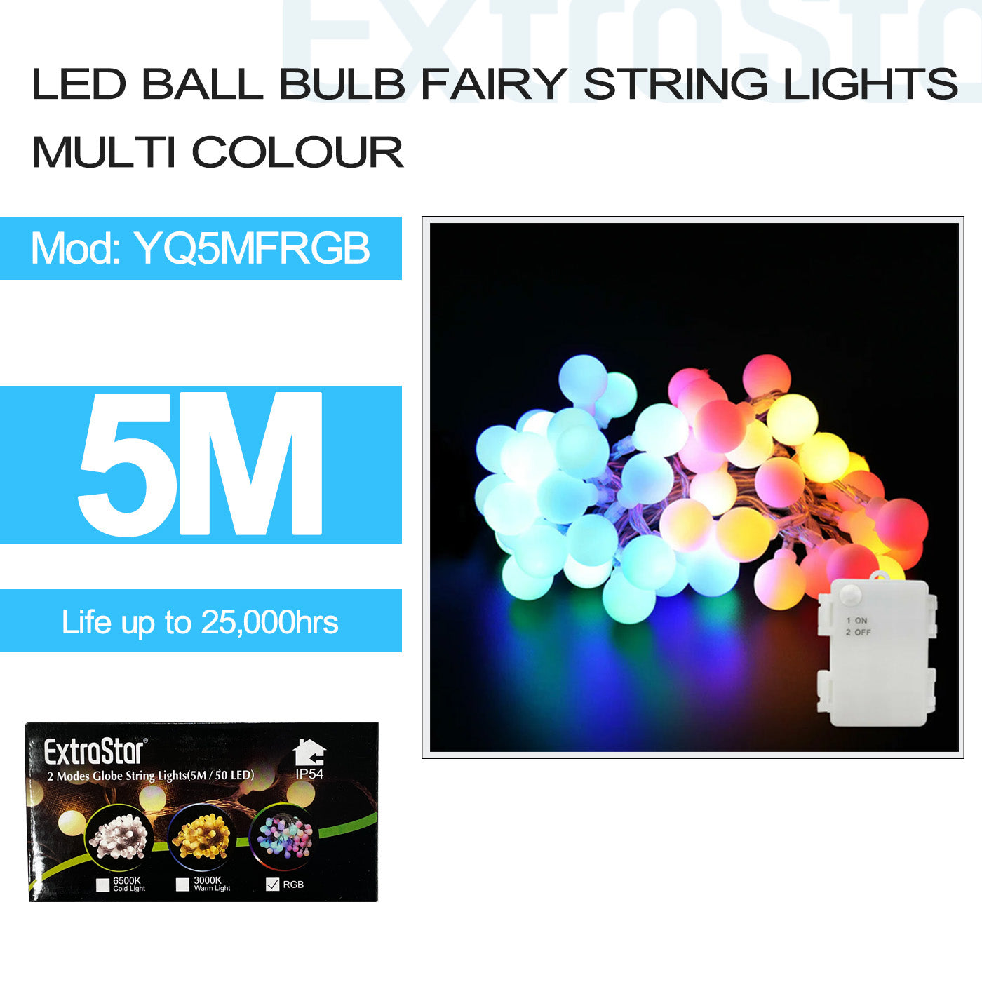 ExtraStar 50 LED Ball Bulb Fairy String Lights, Multi colour, 5M, Model: YQ5MFRGB