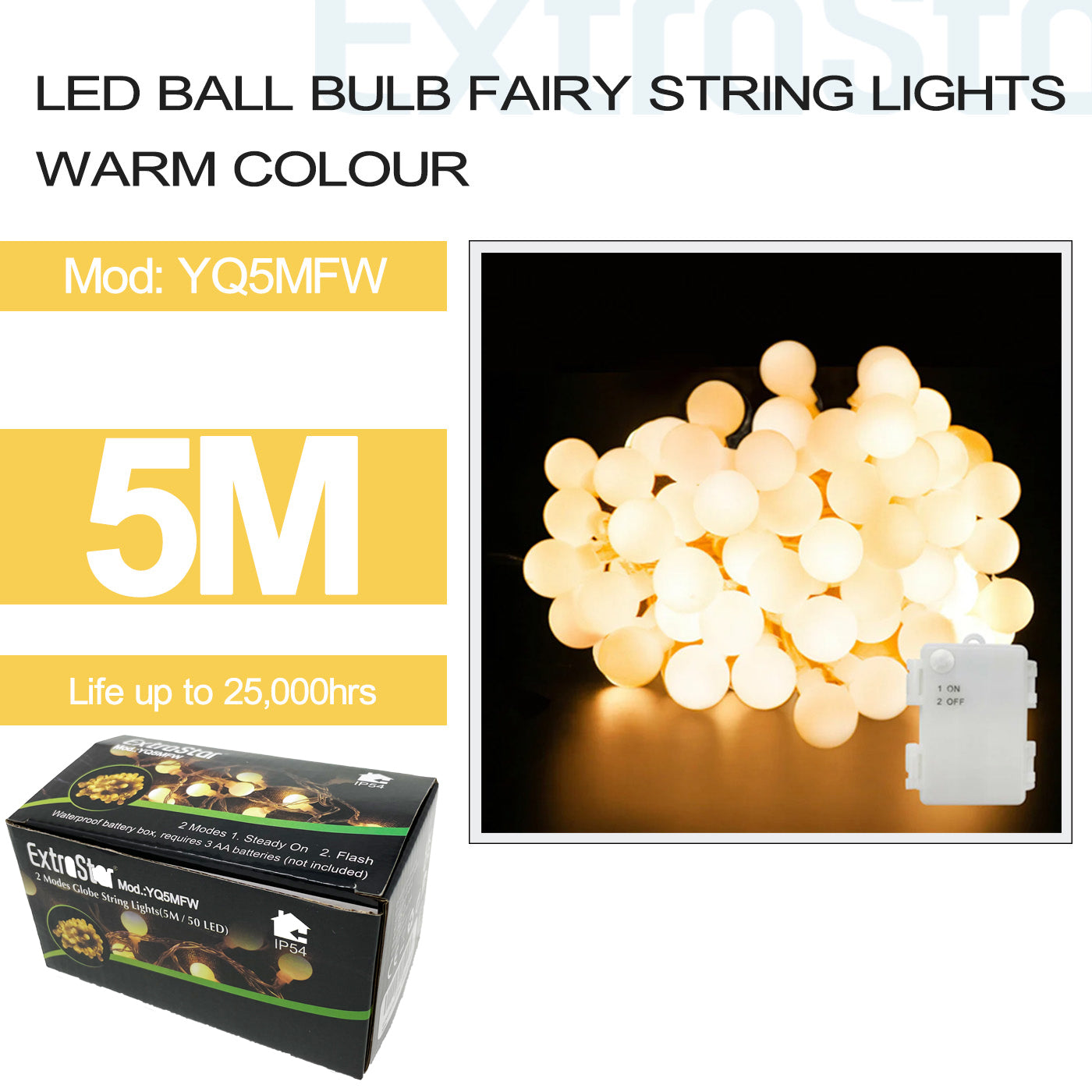 ExtraStar 50 LED Ball Bulb Fairy String Lights, Warm colour, 5M, Model: YQ5MFW
