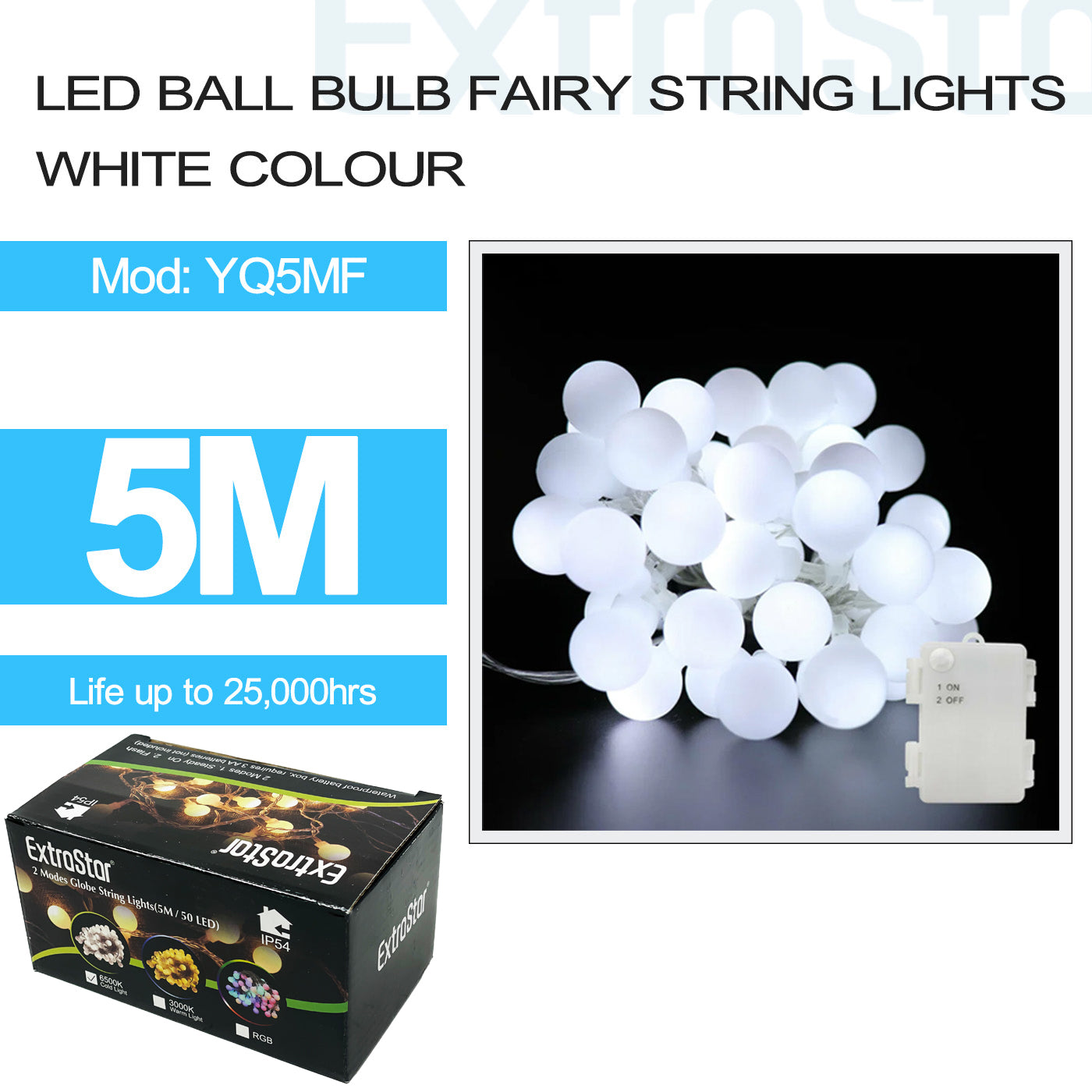ExtraStar 50 LED Ball Bulb Fairy String Lights, White colour, 5M, Model: YQ5MF