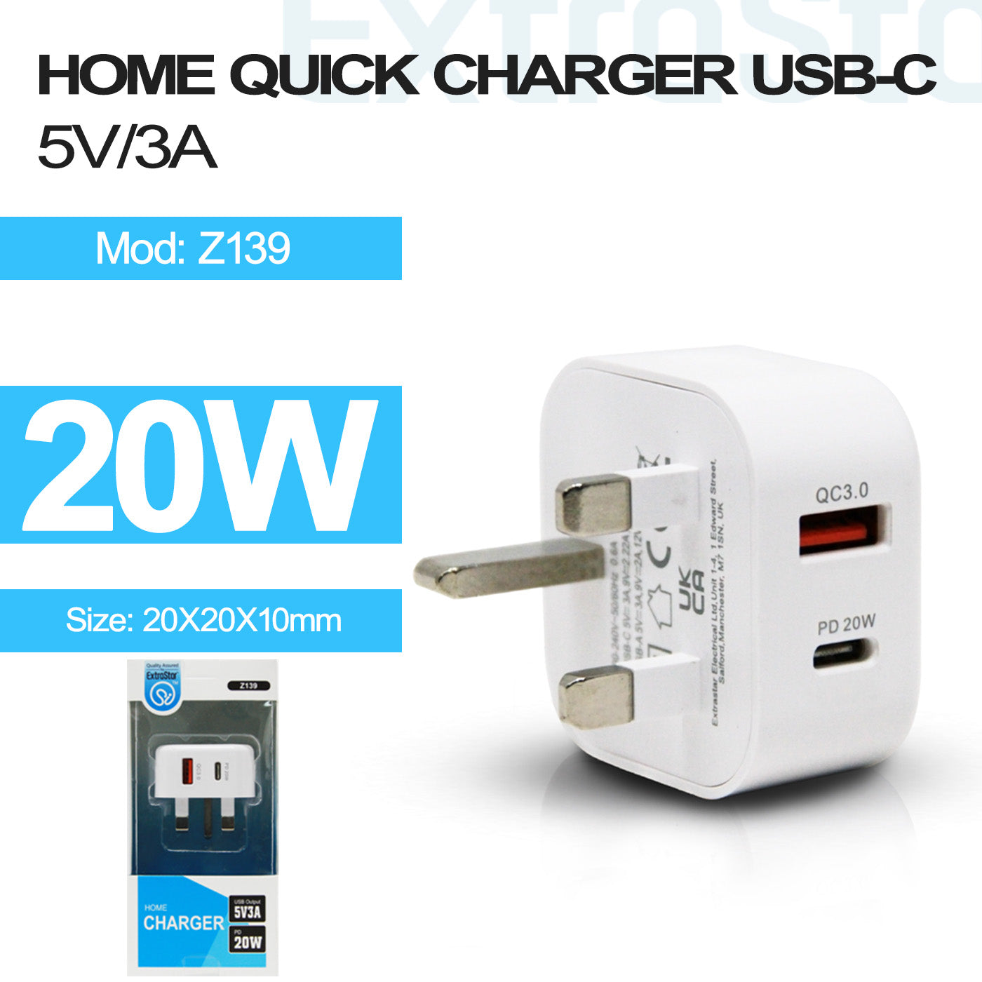 ExtraStar USB & TypeC Home Plug Charger White, Model: DZ139