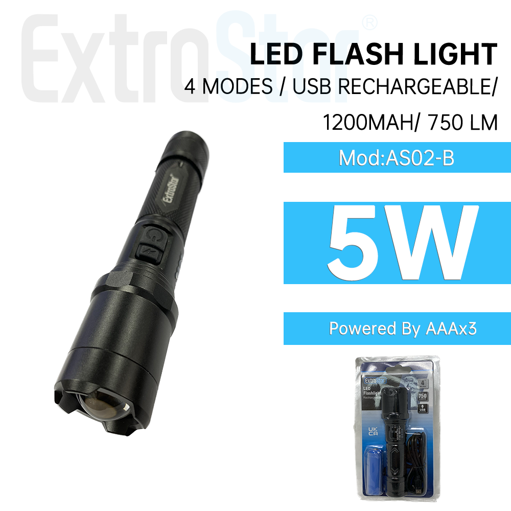 5W LED Flash Light, USB Rechargeable, 1200 mAH or AAAx3, 750 Lumen, 4 modes (AS02-B)