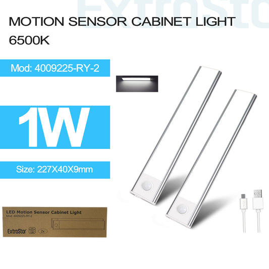 1W Smart Sensor Cabinet Light, USB Rechargable, 6500K, Pack of 2 (A4009225-RY-2)