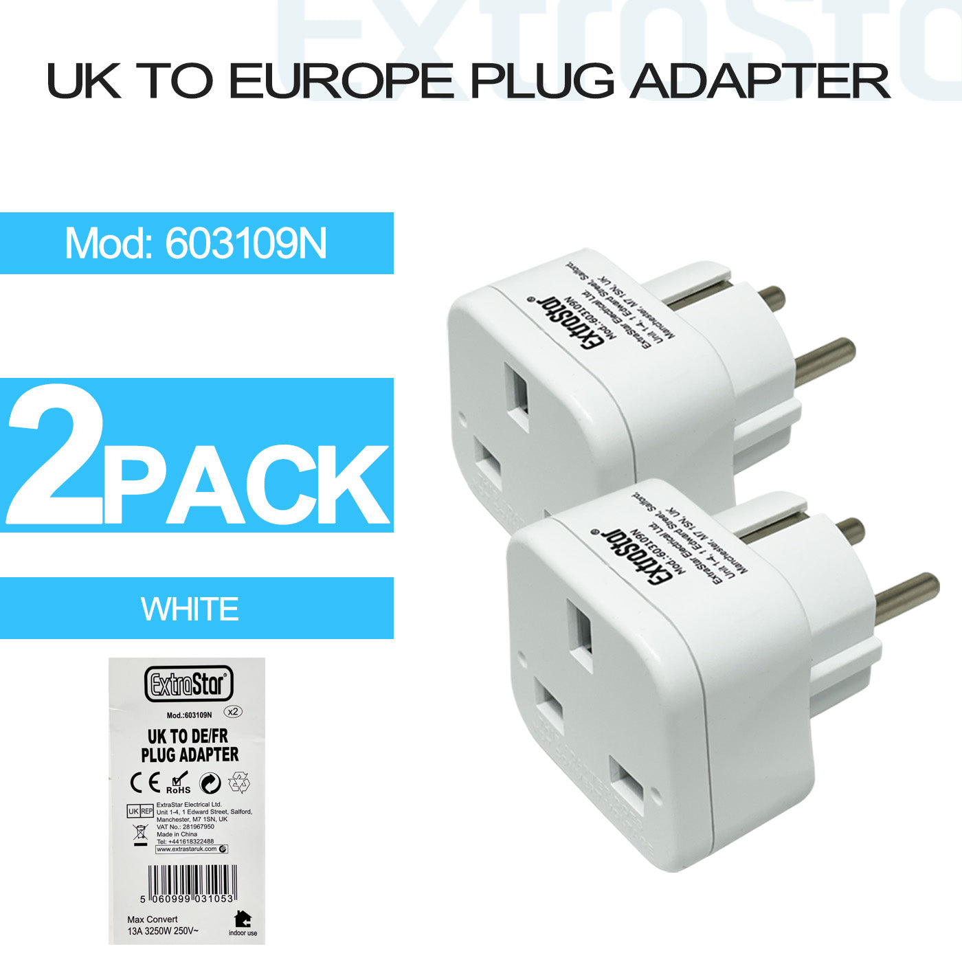 ExtraStar UK To Europe Plug Adapter, White, Pack of 2, Model: 603109N