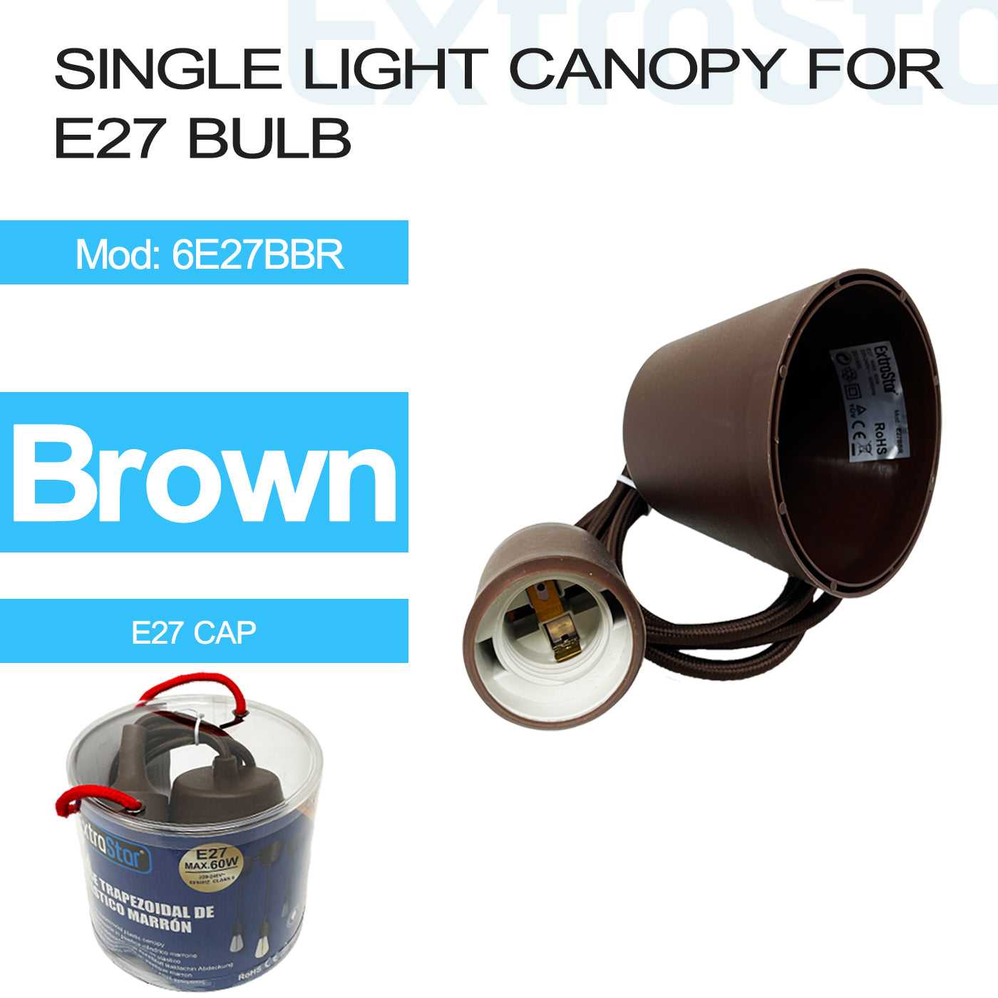 Single Light Canopy for E27 Bulb, Brown (6E27BBR)