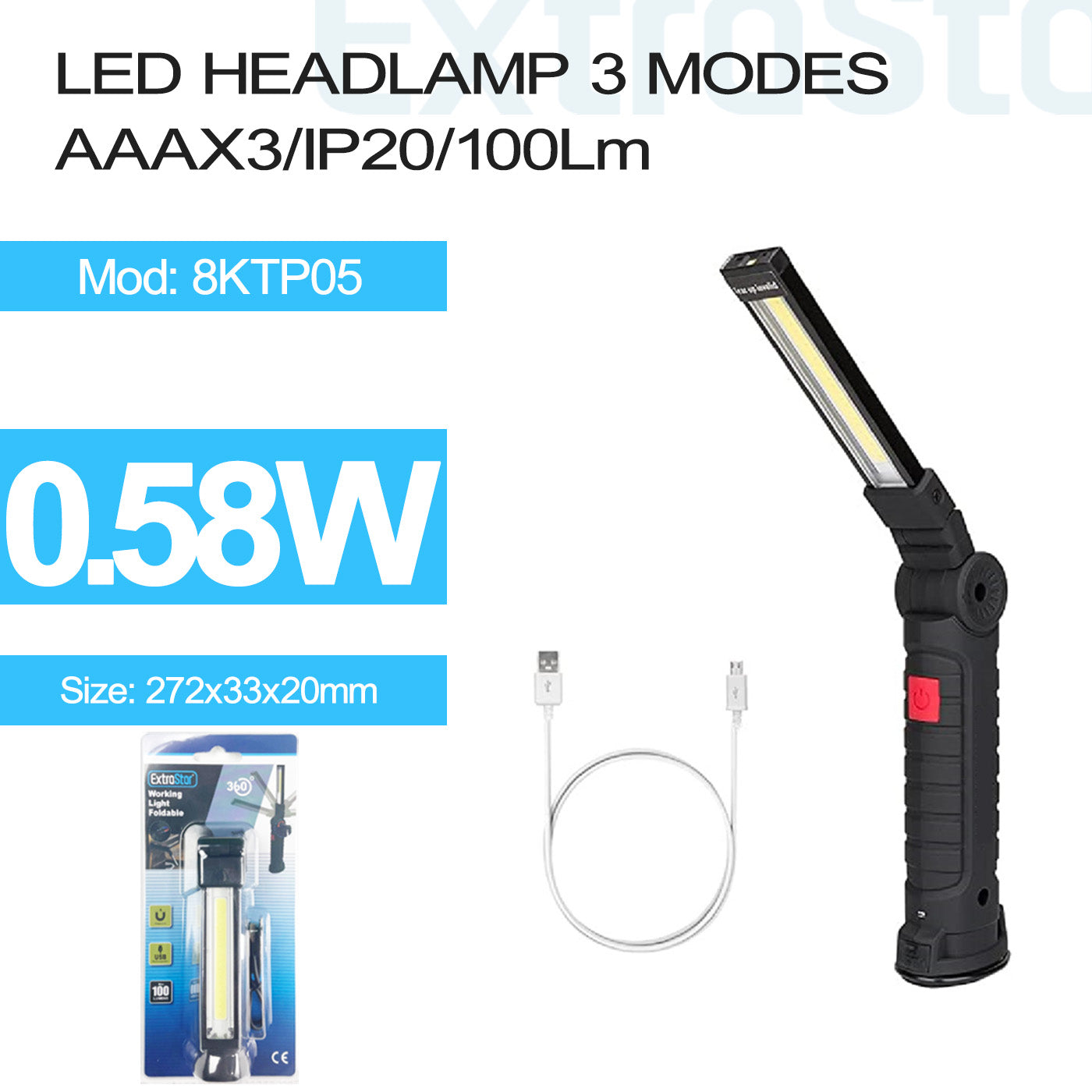 LED Working Light Foldable 3 Mode IP20 USB Rechargeable (8KTP05)