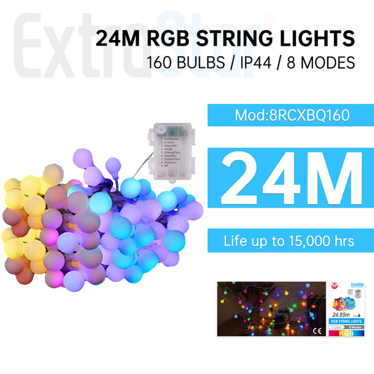 ExtraStar 24M RGB String Lights with 160 Bulbs, IP44, 8 Modes, Model: 8RCXBQ160