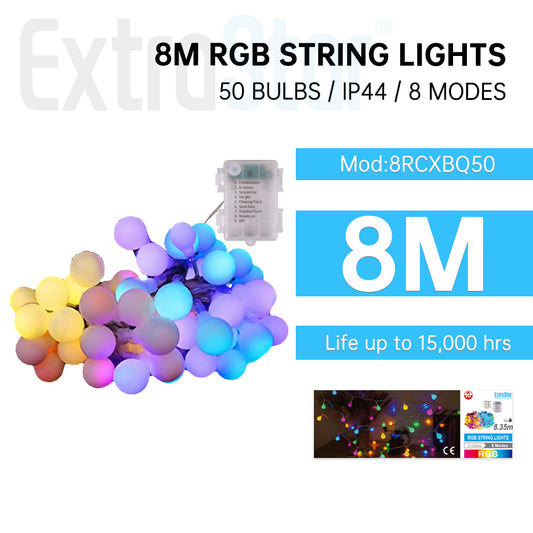 ExtraStar 8M RGB String Lights with 50 Bulbs, IP44, 8 Modes, Model: 8RCXBQ50