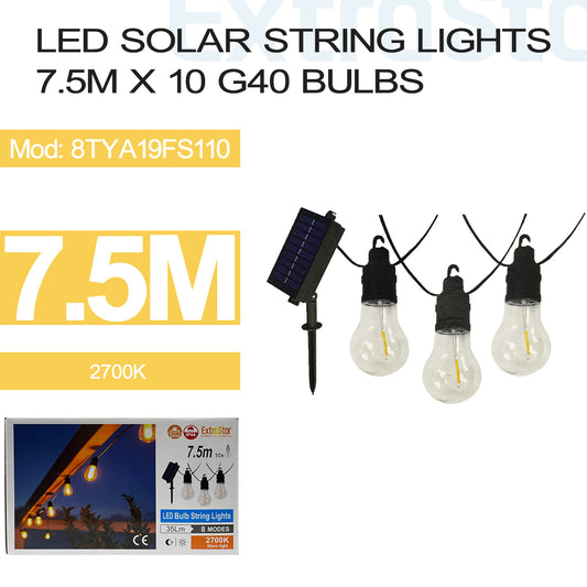 LED SOLAR STRING LIGHTS 7.5M X 10 A19 BULBS 2700K (8TYA19FS110)