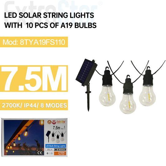 LED SOLAR STRING LIGHTS 7.5M X 10 A19 BULBS 2700K (8TYA19FS110)