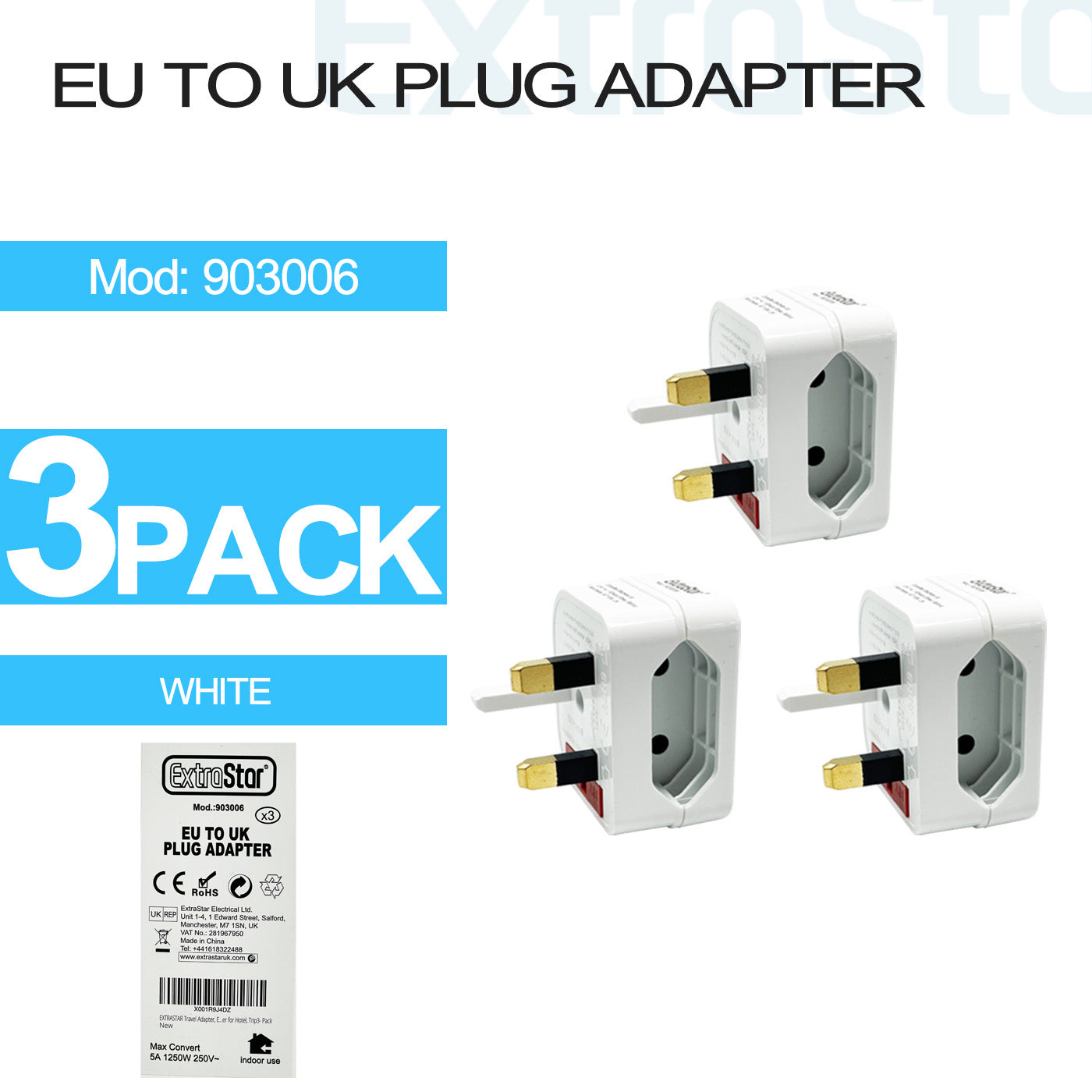 ExtraStar EU To UK Plug Adapter, White, Pack of 3, Model: 903006