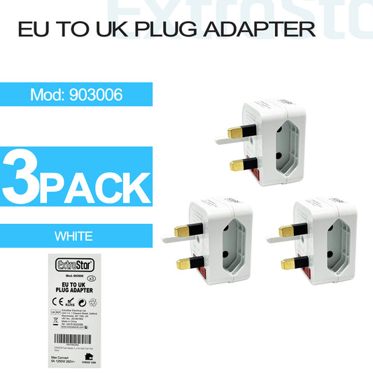 EU To UK Plug Adapter, White, Pack of 3 (903006)