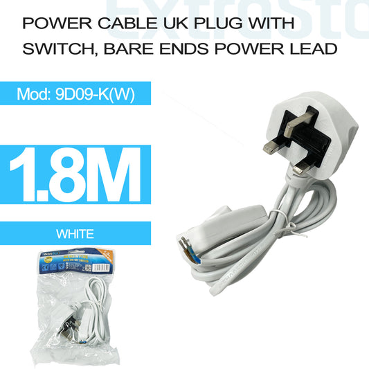 Power Cable UK Plug With Switch, Bare Ends Power Lead 1.5M, White, 2 core 0.75mm (9D09-K(W))