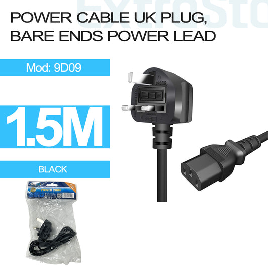 Power Cable UK Plug, Bare Ends Power Lead, 1.5M, Black, 2 core 0.75mm (9D09)
