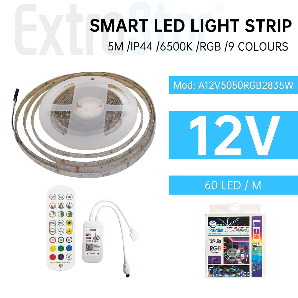 SMART LED STRIP LIGHTS RGB, 5M,  Colour changing by remote and app control, IP44 (A12V5050RGB2835W)