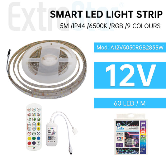 SMART LED STRIP LIGHTS RGB, 5M,  Colour changing by remote and app control, IP44 (A12V5050RGB2835W)