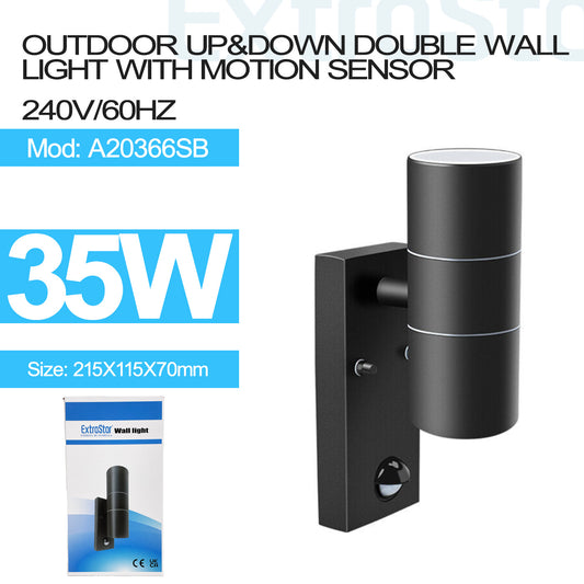 Outdoor Up and Down Double Wall Light with Motion Sensor, Black  (A20366SB)