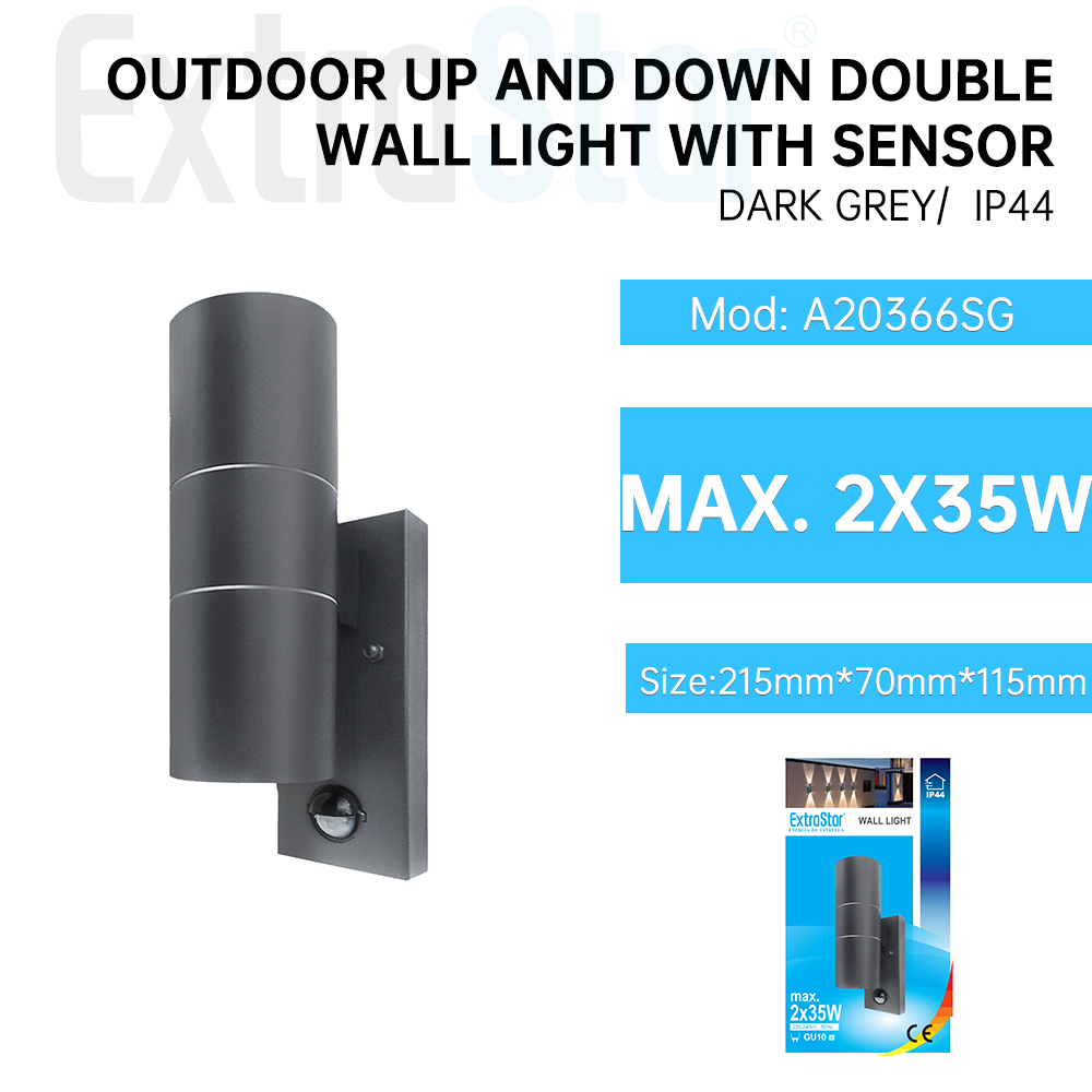 Outdoor Up and Down Double Wall Light with Sensor, Dark Grey  (A20366SG)
