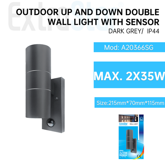 Outdoor Up and Down Double Wall Light with Sensor, Dark Grey  (A20366SG)