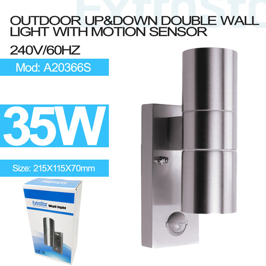 Outdoor Up and Down Double Wall Light with Motion Sensor, Silver  (A20366S)