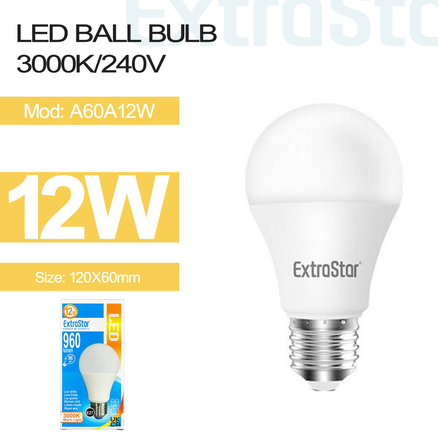 12W LED Ball Bulb E27, 3000K (A60A12W)