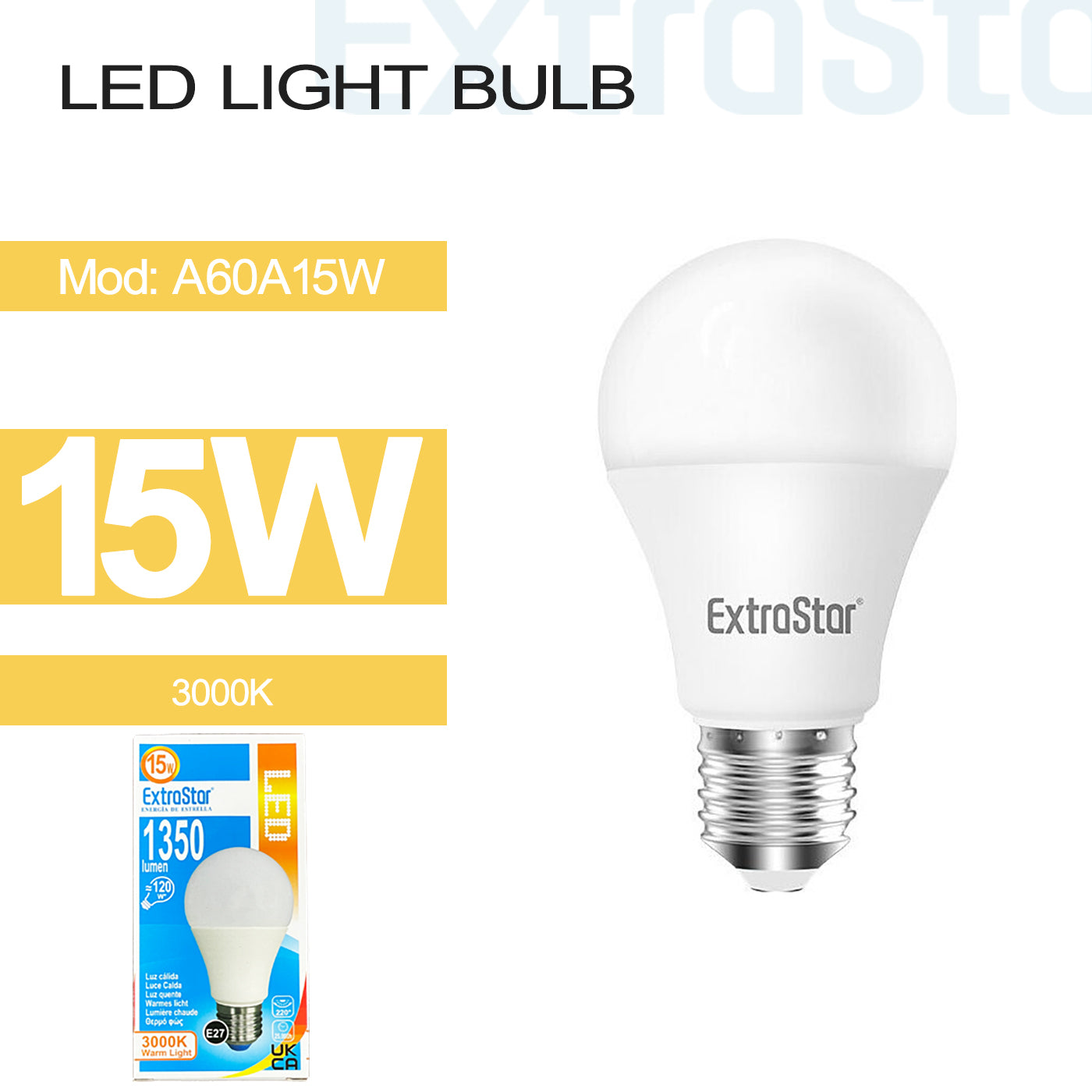 15W LED Ball Bulb E27, 3000K (A60A15W)