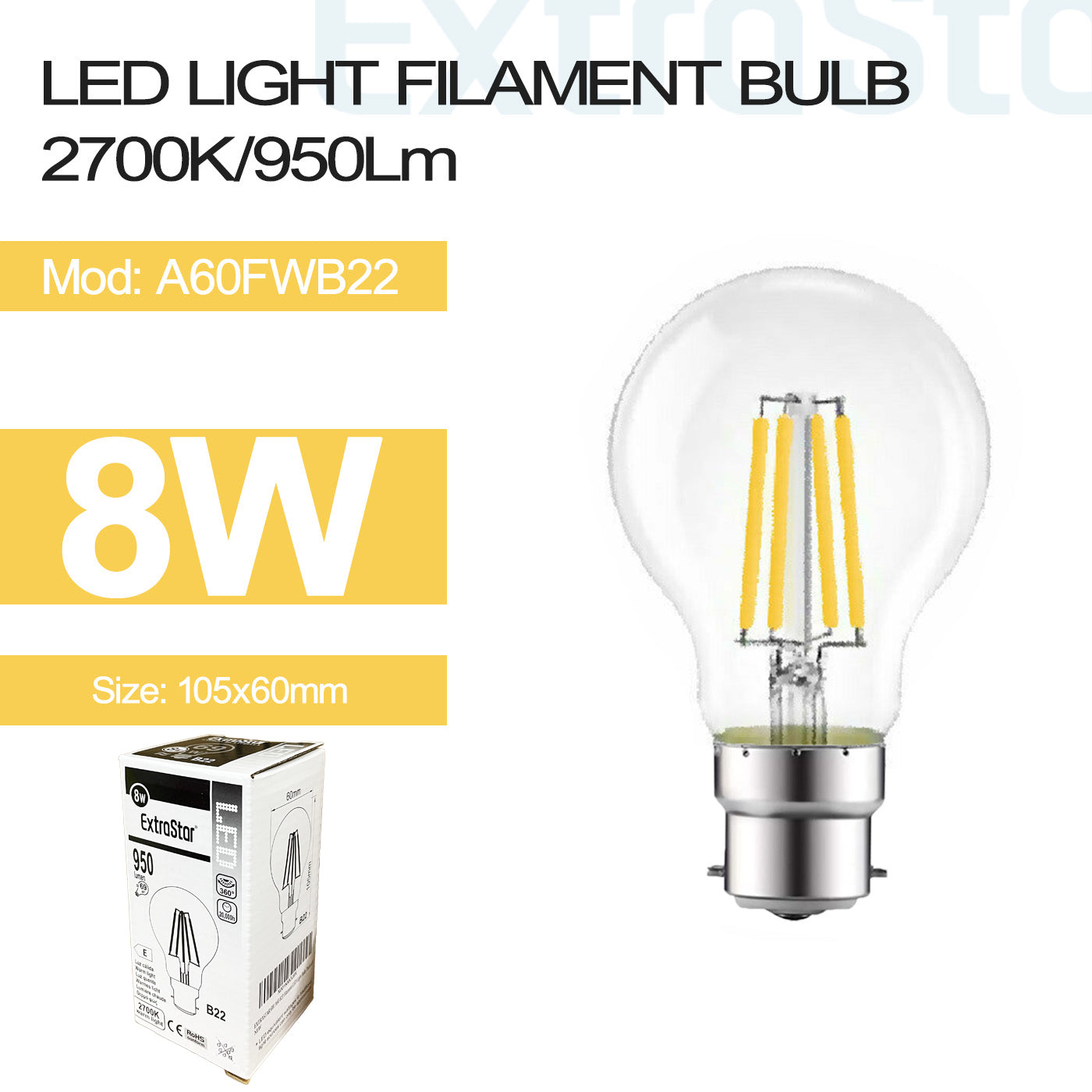 8W LED Filament Light Bulb B22, 2700K (A60FWB22)