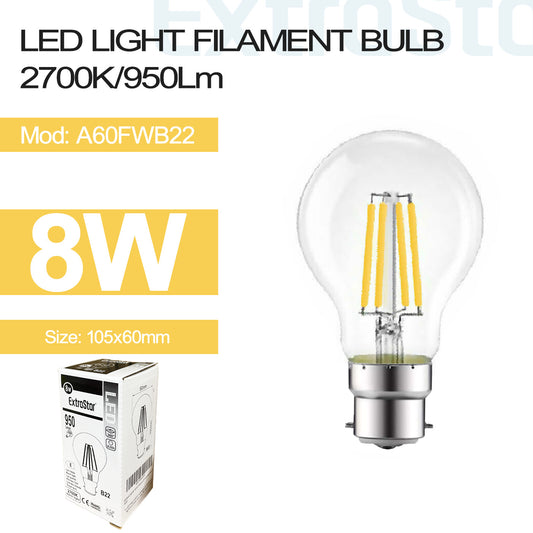 8W LED Filament Light Bulb B22, 2700K (A60FWB22)
