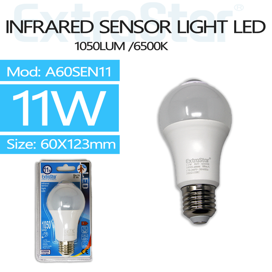 ExtraStar 11W LED E27 Ball Bulb with motion sensor, 6500K, Model: A60SEN11