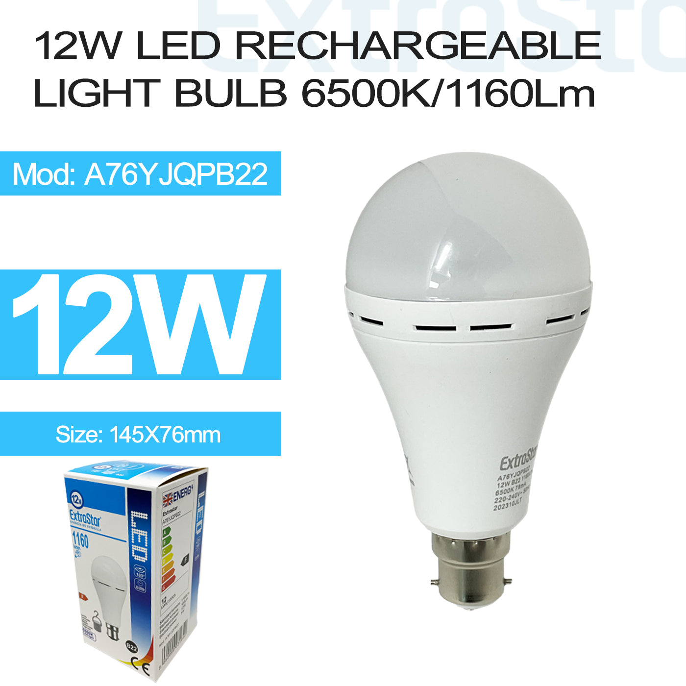 12W LED Rechargeable Light Bulb B22, 6500K (A76YJQPB22)