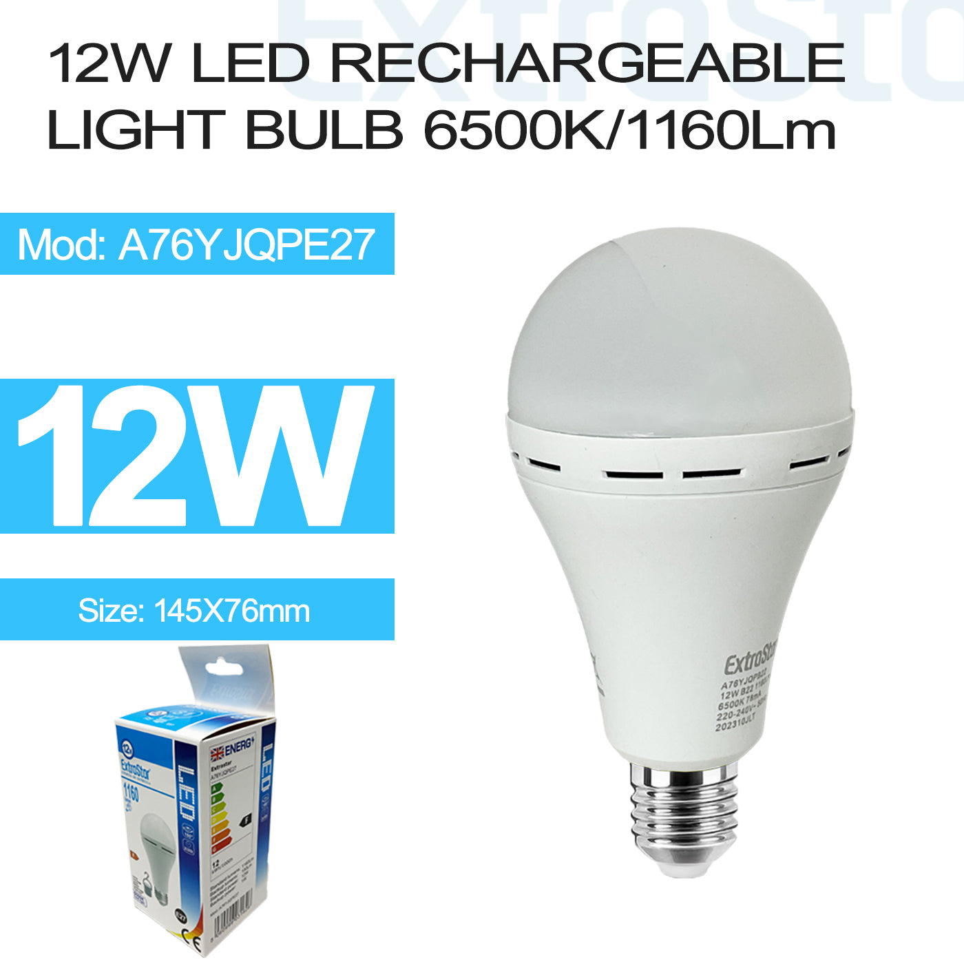 12W LED Rechargeable Light Bulb E27, 6500K (A76YJQPE27)