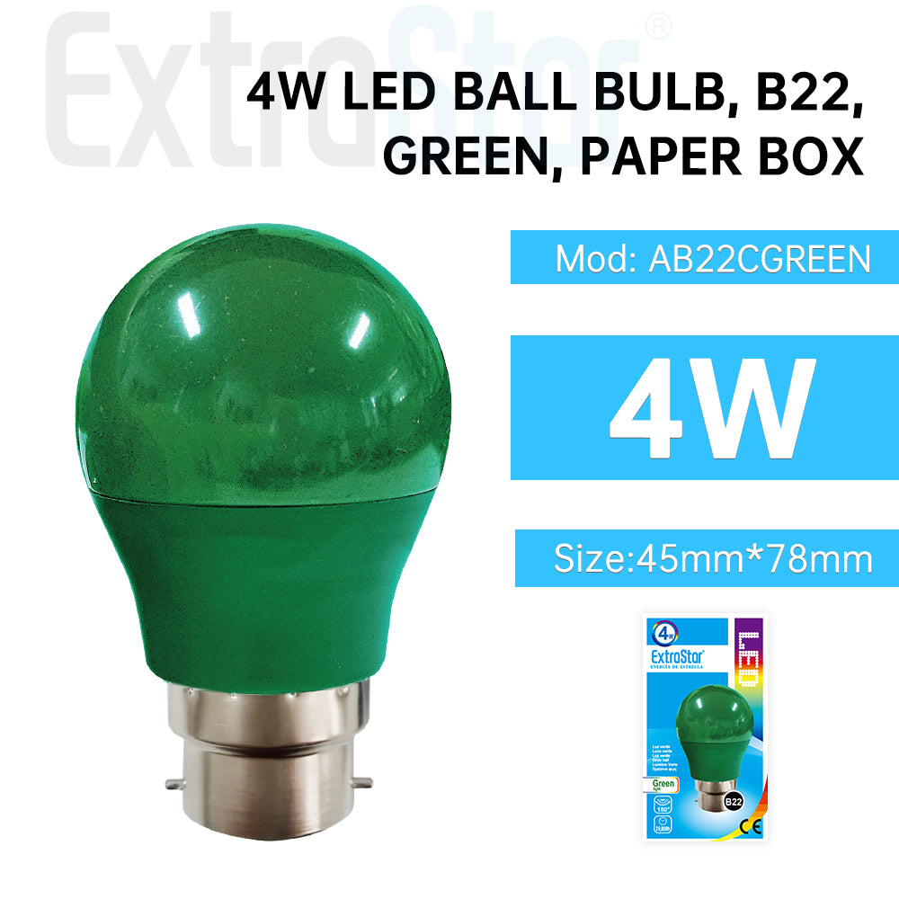 4W LED Ball bulb B22, Green, Paper Box (AB22CGREEN)