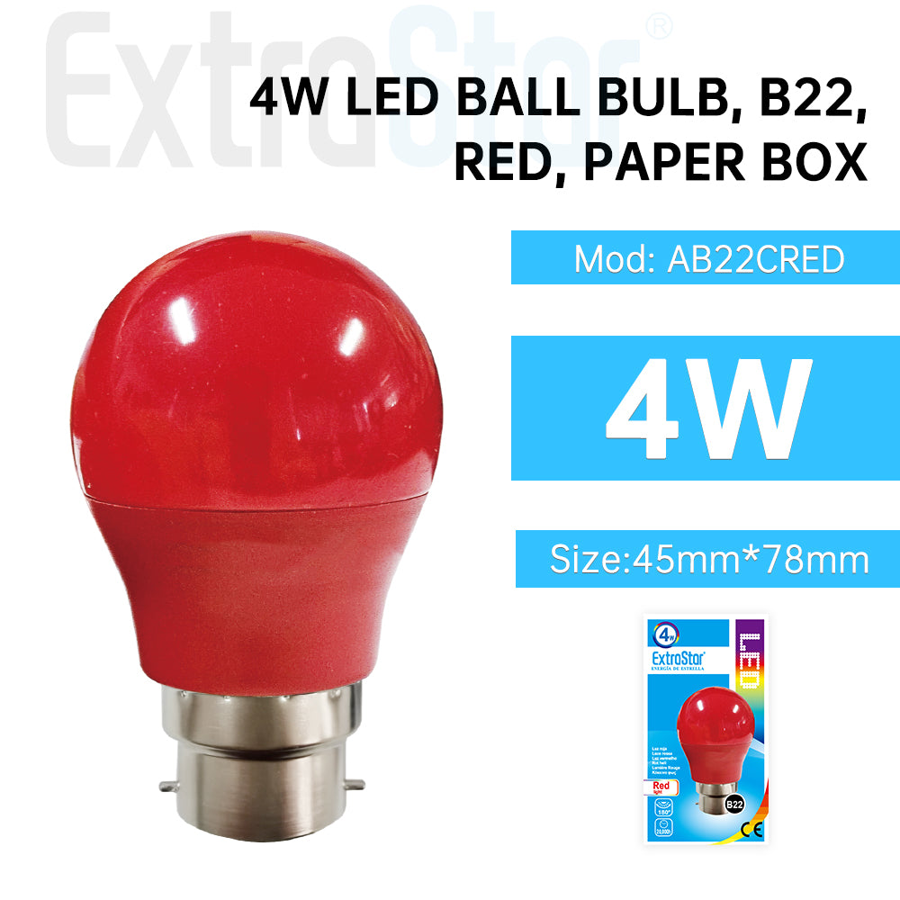 4W LED Ball bulb B22, Red, Paper Box (AB22CRED)