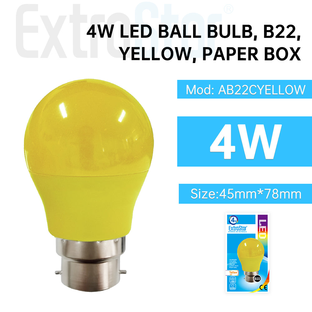 4W LED Ball bulb B22, Yellow, Paper Box (AB22CYELLOW)