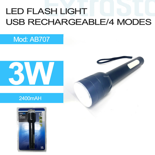3W LED Flash Light, USB Rechargeable 2400 mAH (AB707)