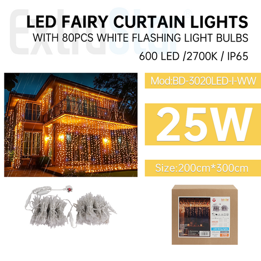 LED Fairy Curtain Lights 2m x 3m, 600LEDs ,  2700K, with 80pcs white flashing light bulbs (ABD-3020LED-I-WW)