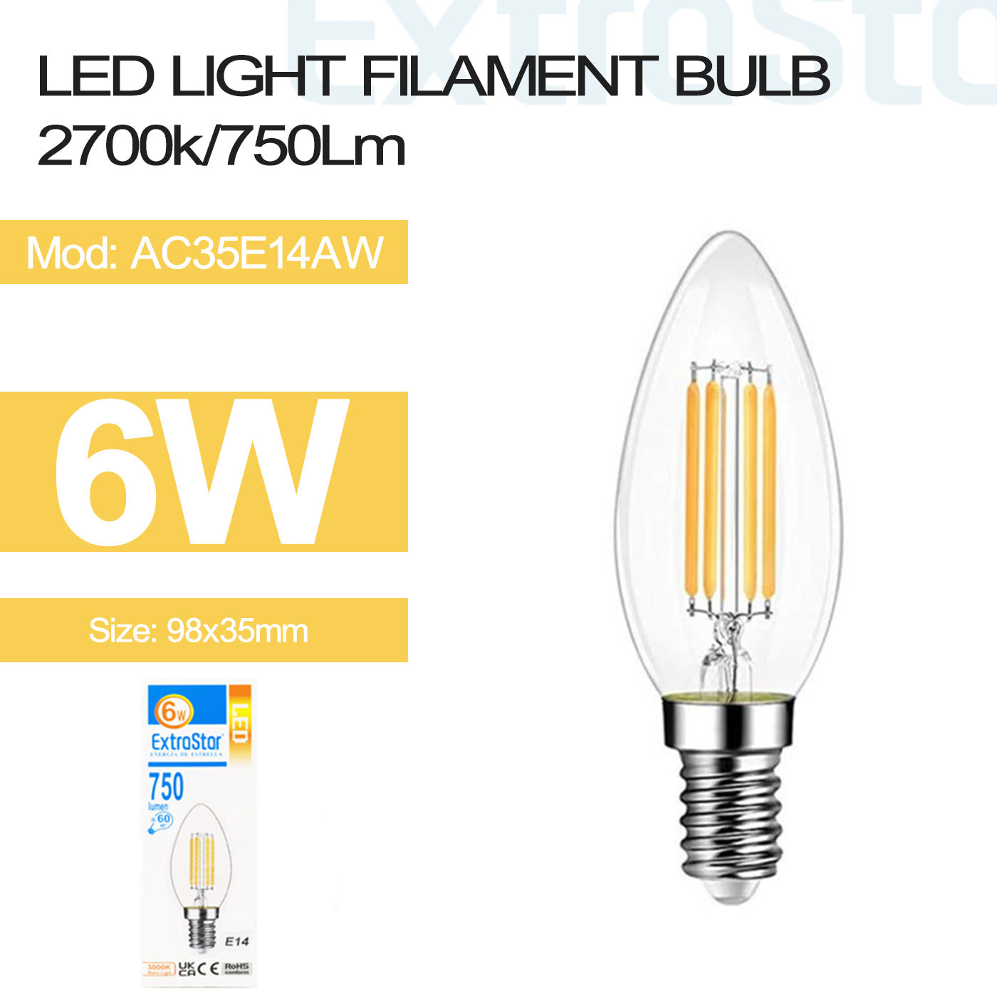 LED Candle Light Bulb, E14, 6W, 3000K (Pack of 3) (AC35E14AW)