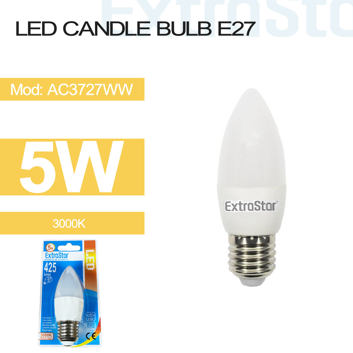 5W LED Candle Bulb E27, 3000K (AC3727WW)