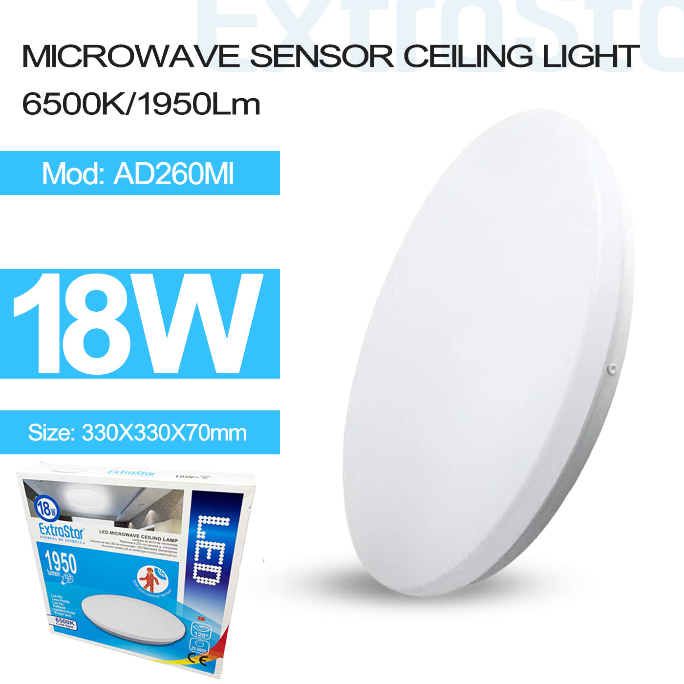 18W LED Ceiling Light with Microwave Motion Sensor, 6500K (AD260MI)