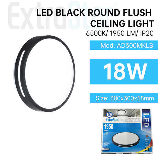 ExtraStar LED Ceiling Light 18W, 30cm, 6500K Black, Model: AD300MKLB