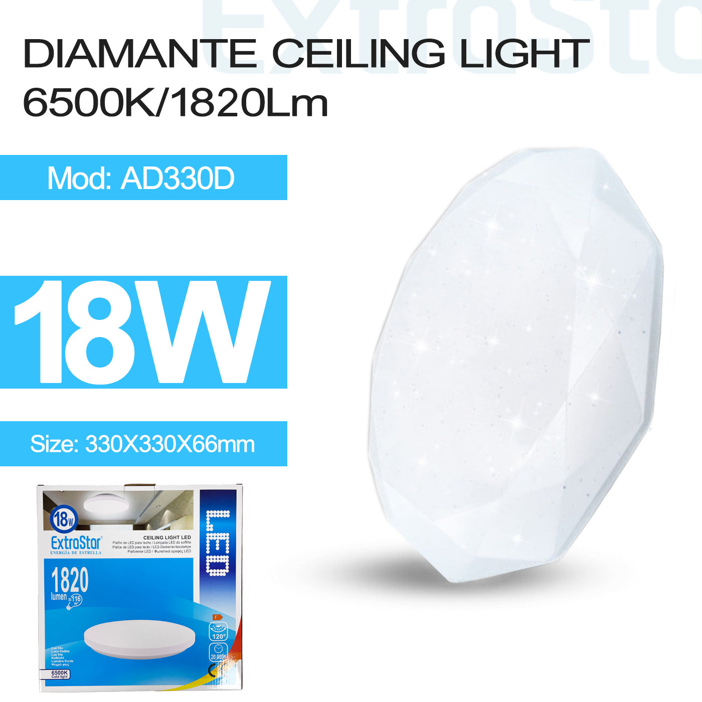 ExtraStar 18W LED Ceiling Light, Diamond Shape, 6500K, 1820Lm, Model: AD330D