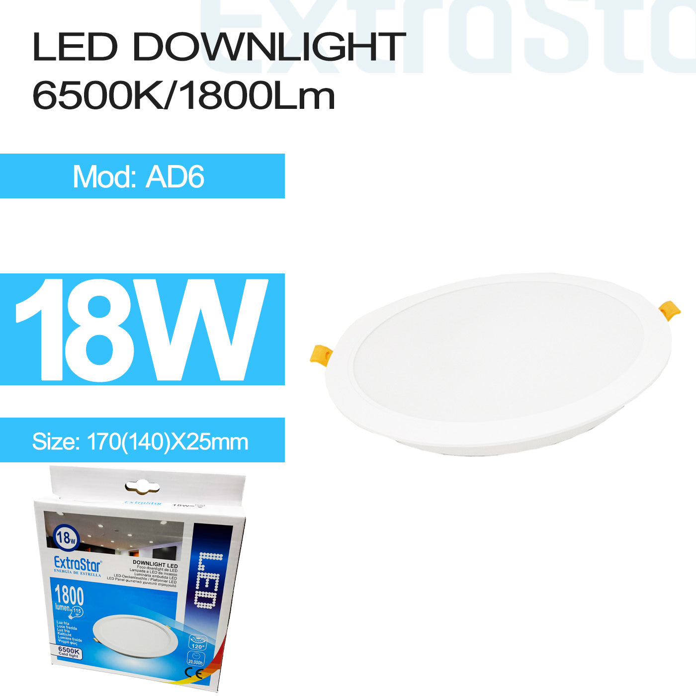 18W LED Downlight, 6500K, 1800 lumen (AD6)