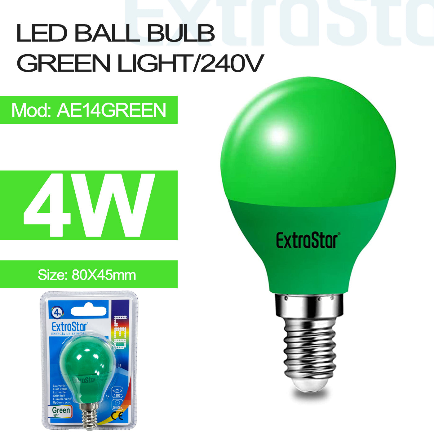 4W LED Ball Bulb E14, Green (AE14GREEN)