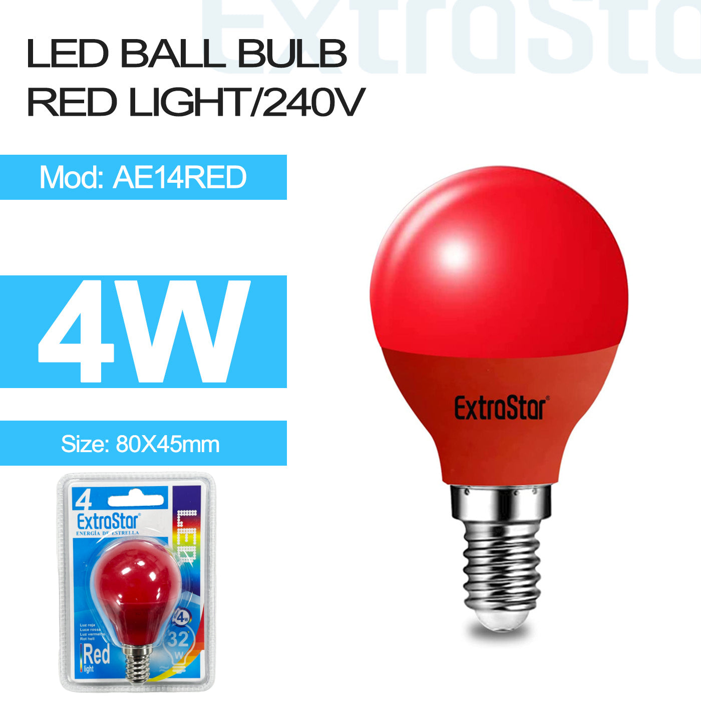 4W LED Ball Bulb E14, Red (AE14RED)