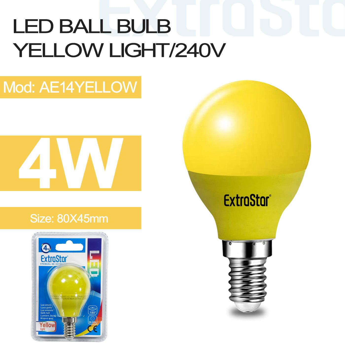 4W LED Ball Bulb E14, Yellow (AE14YELLOW)