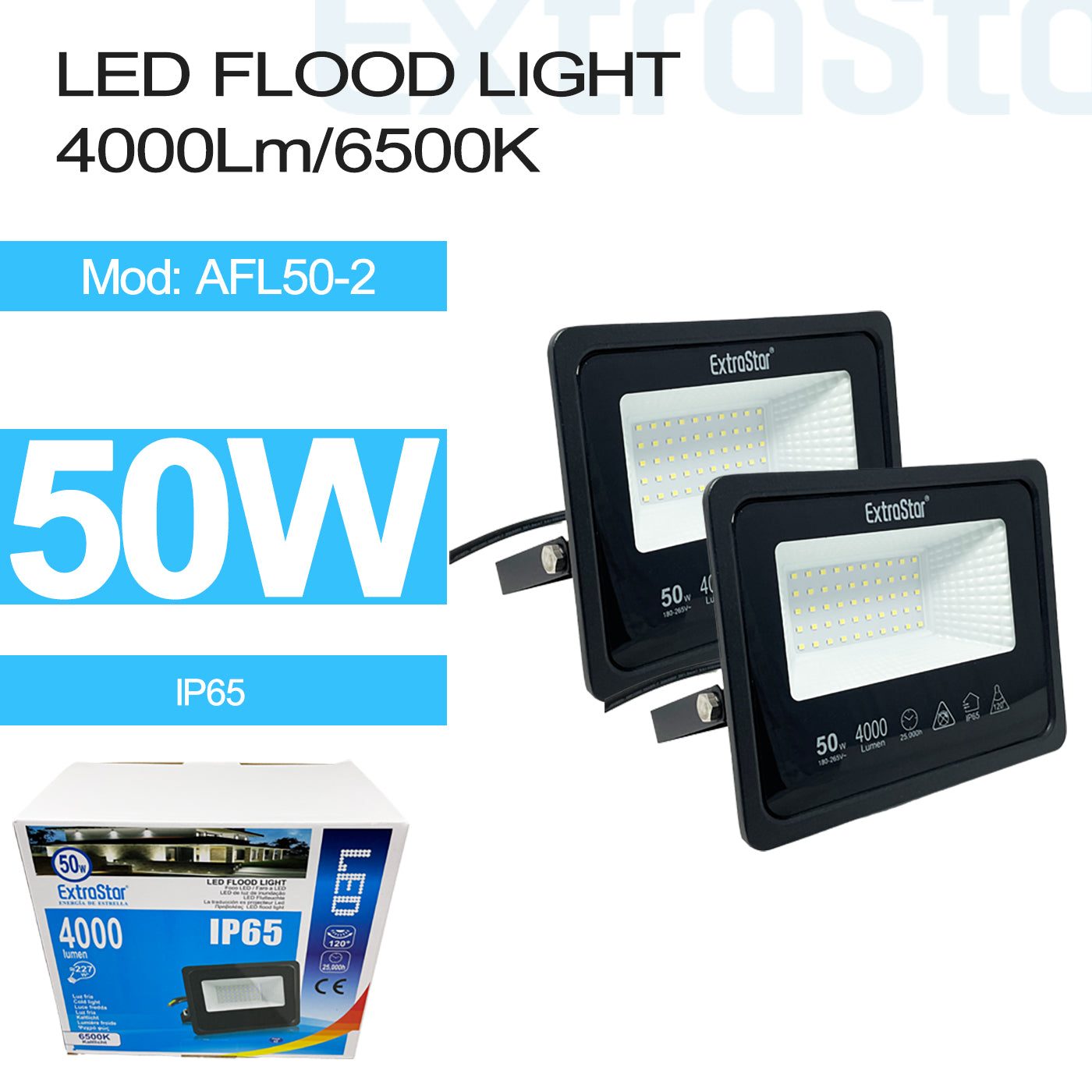 50 W LED Flood Light, 6500K, IP65, Pack of 2 (AFL50-2)