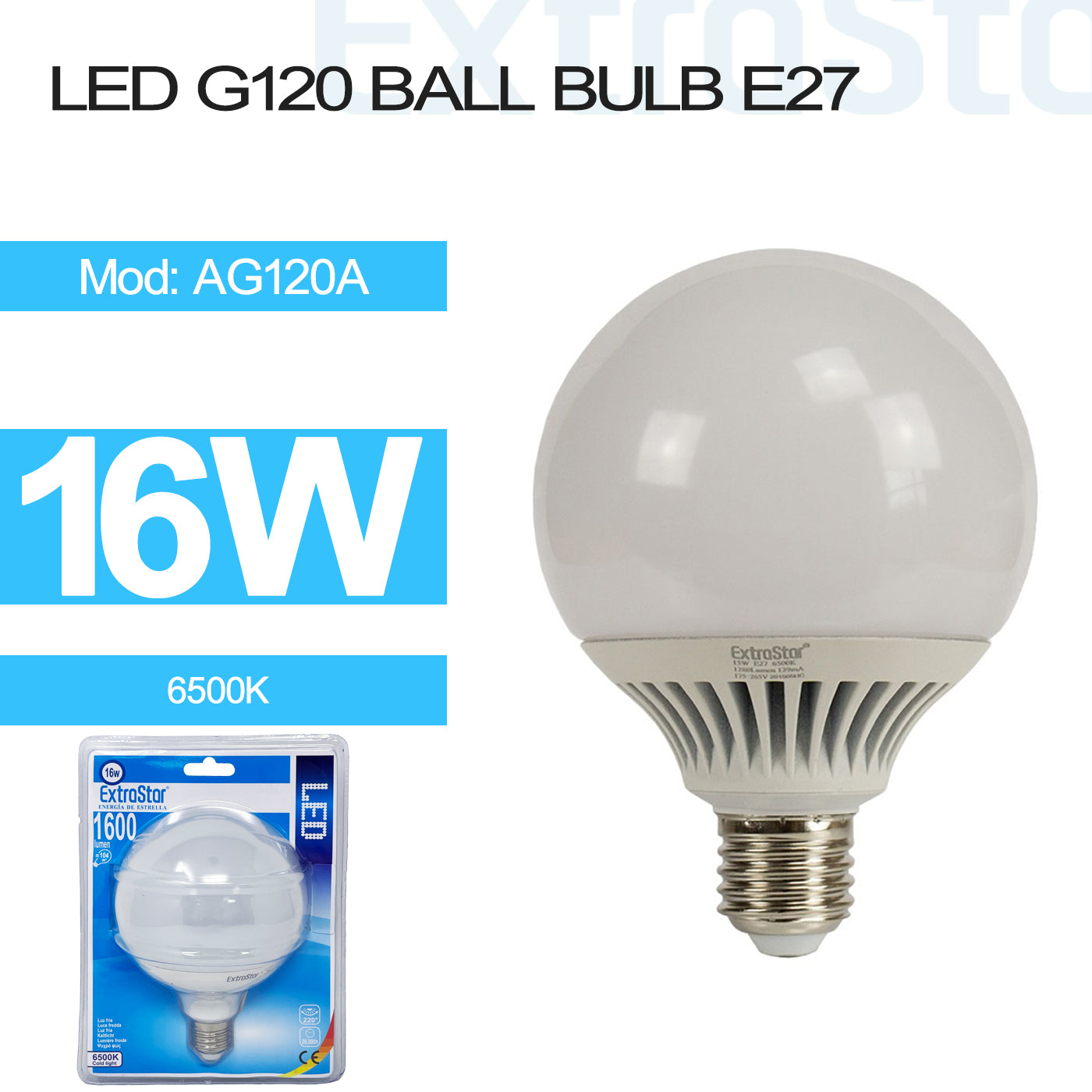 16W LED G120 Ball Bulb, E27 6500K (AG120A)