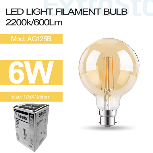 6W LED Filament Bulb B22 2200K, 600lm (AG125B)